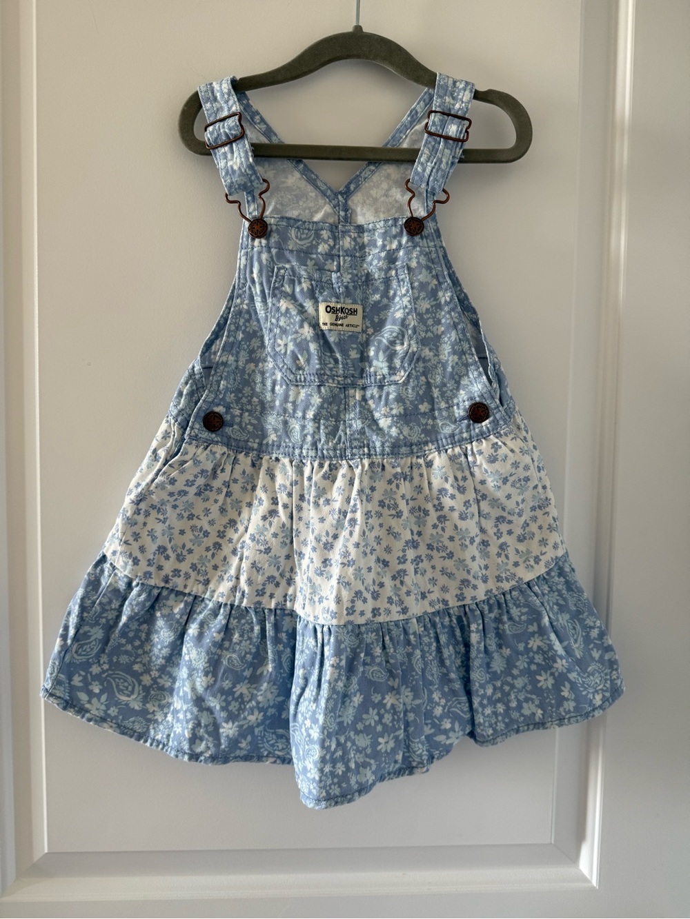 OshKosh B'gosh Light Blue and White Floral Tiered Overall Dress